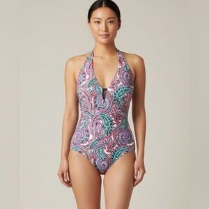 Liz Claiborne Swimsuit Womens 16 One Piece Black Multi Colored Paisley Halter